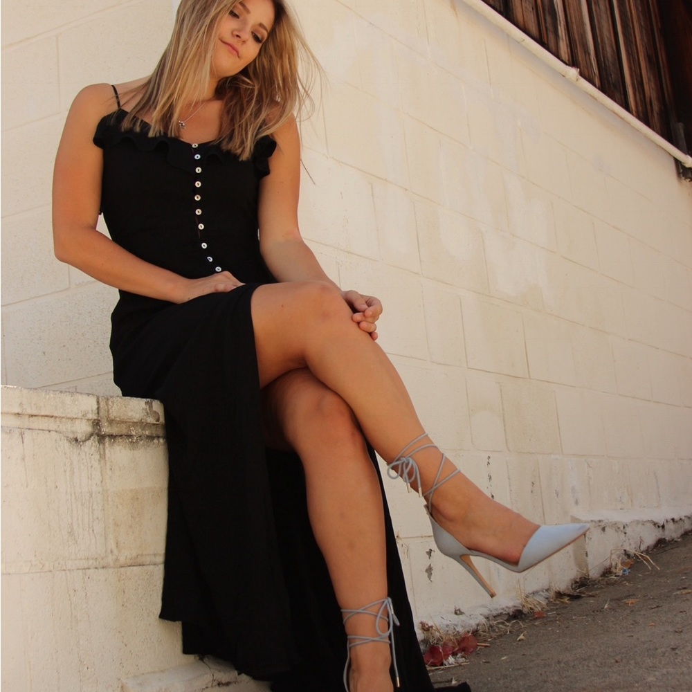 LONG BLACK BUTTON MAXI DRESS WITH SLIT AND OPEN BACK